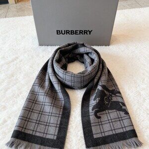Burberry Gray Check Equestrian Motif Scarf